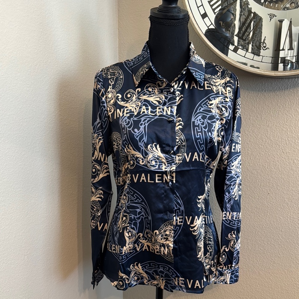 Women's Elegant Navy and Gold Button-Down Shirt